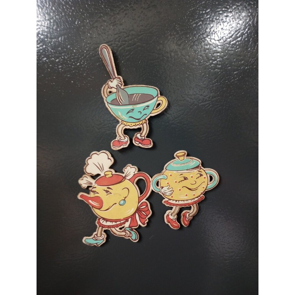Vintage MCM Teapot Teacup Metal Magnet Set Of 3